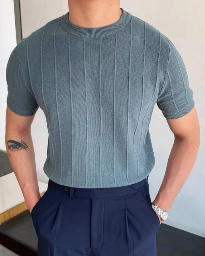 T-Shirt a Costine Verticali in Misto Cotone e Lino