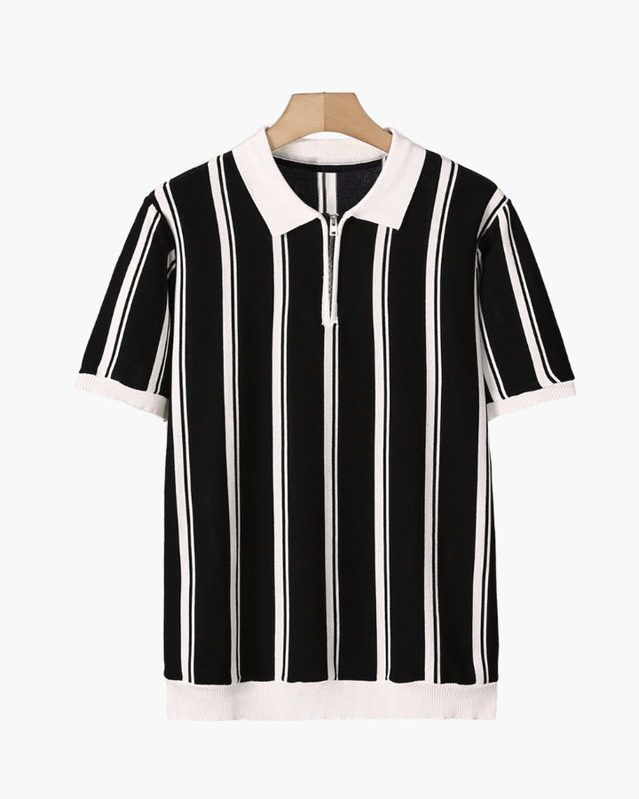 Polo a Maglia con Half-Zip e Righe Verticali a Contrasto