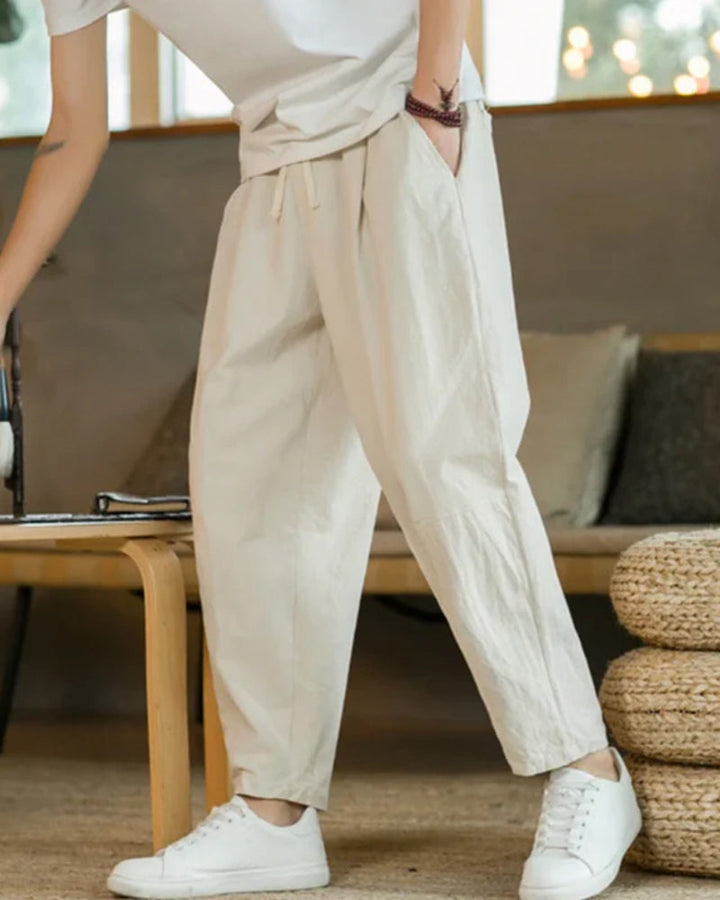 Pantaloni in Cotone e Lino con Vita Elastica