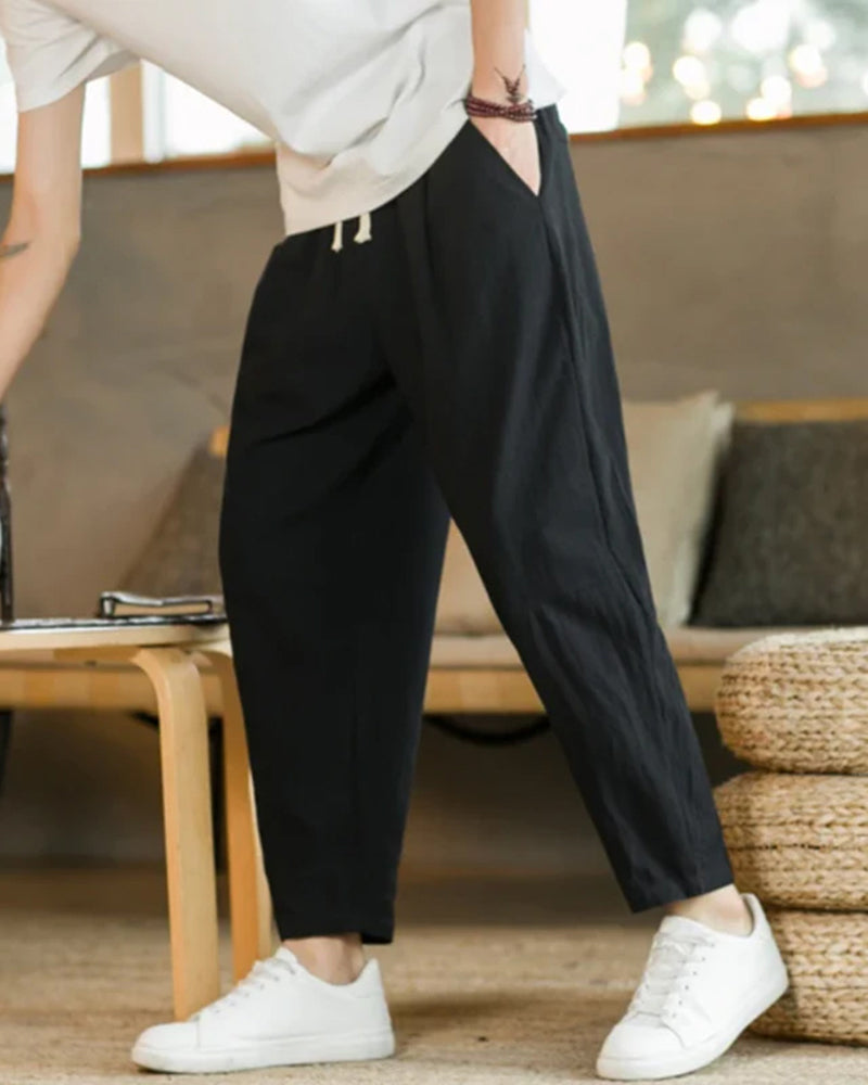 Pantaloni in Cotone e Lino con Vita Elastica
