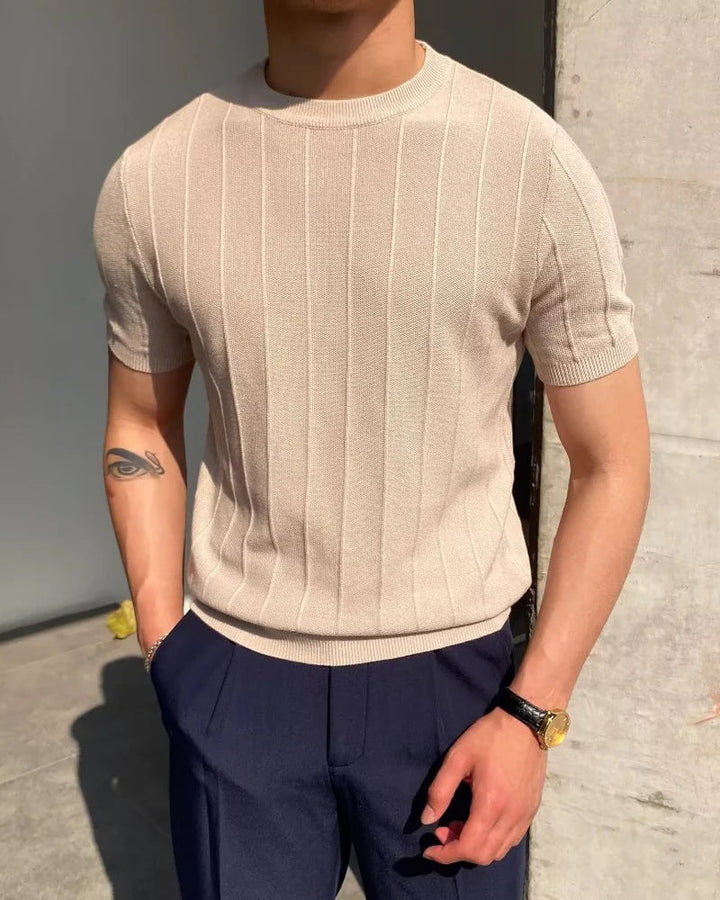 T-Shirt a Costine Verticali in Misto Cotone e Lino