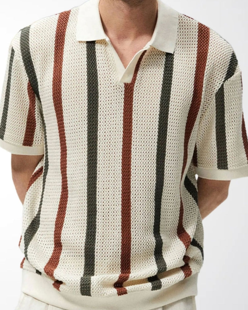 Polo a Maglia Traforata con Righe Verticali Multicolore