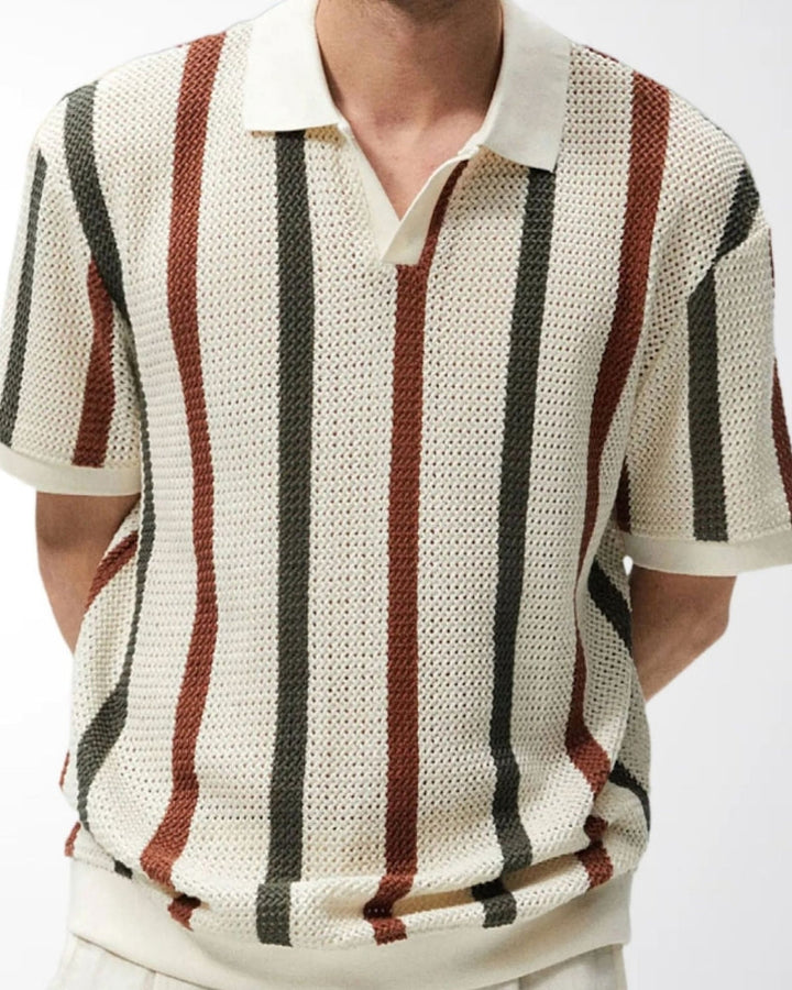 Polo a Maglia Traforata con Righe Verticali Multicolore
