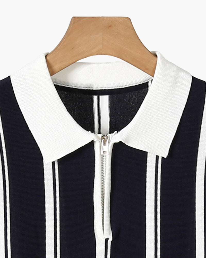 Polo a Maglia con Half-Zip e Righe Verticali a Contrasto