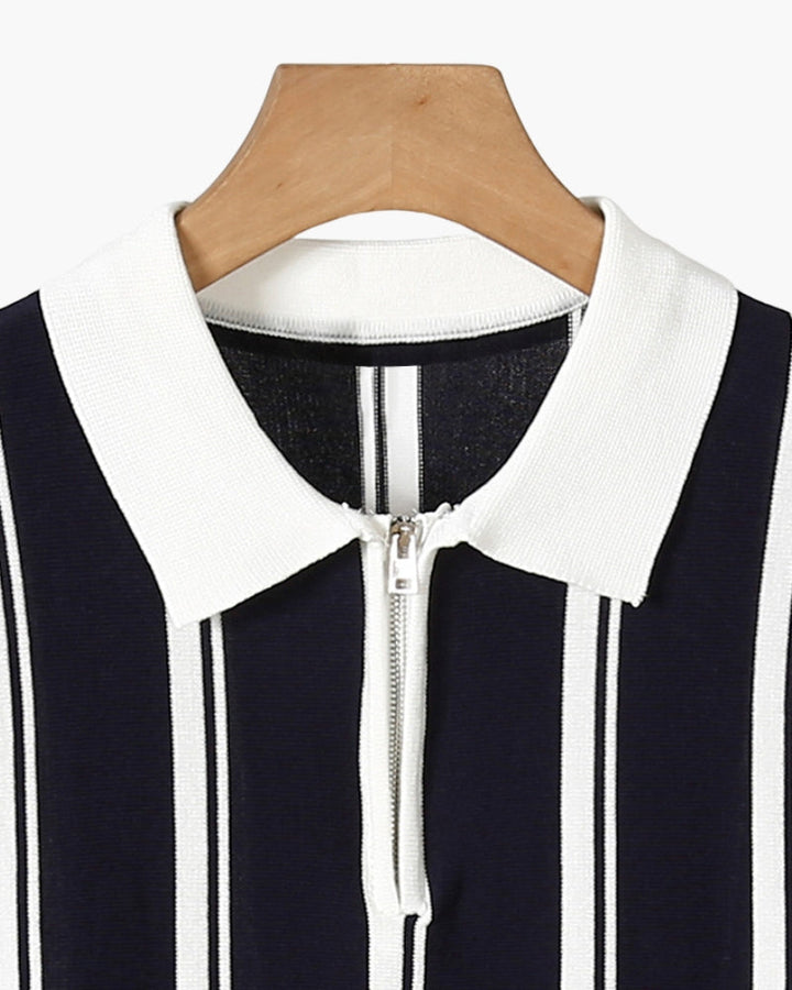 Polo a Maglia con Half-Zip e Righe Verticali a Contrasto