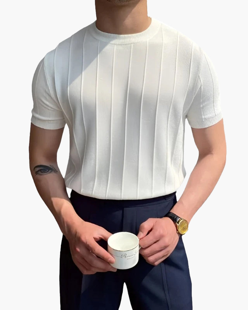 T-Shirt a Costine Verticali in Misto Cotone e Lino