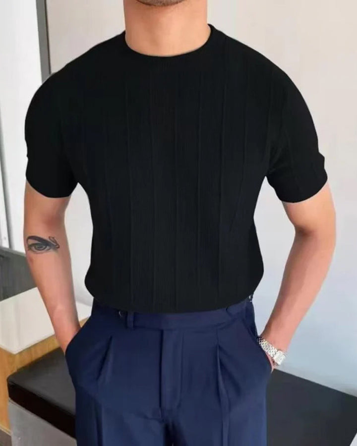 T-Shirt a Costine Verticali in Misto Cotone e Lino