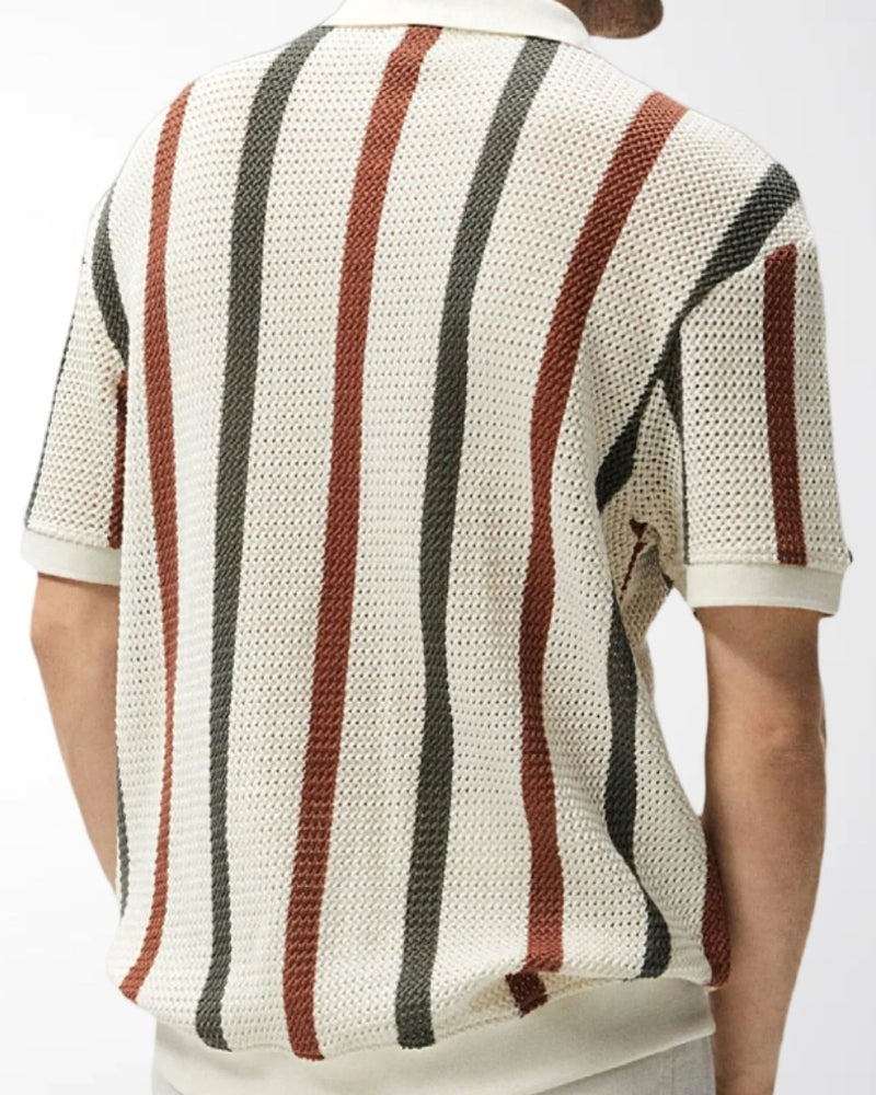 Polo a Maglia Traforata con Righe Verticali Multicolore