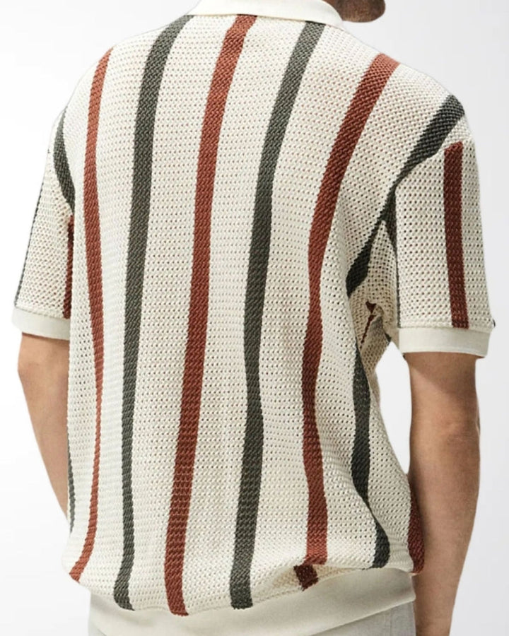 Polo a Maglia Traforata con Righe Verticali Multicolore