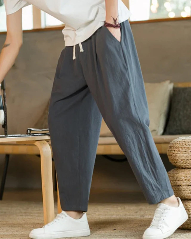 Pantaloni in Cotone e Lino con Vita Elastica