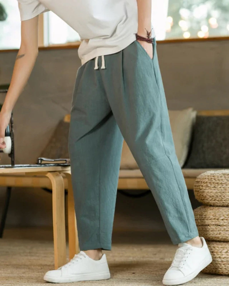 Pantaloni in Cotone e Lino con Vita Elastica