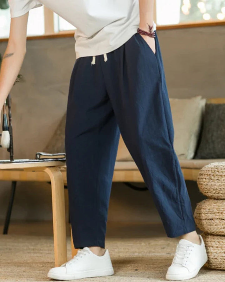 Pantaloni in Cotone e Lino con Vita Elastica