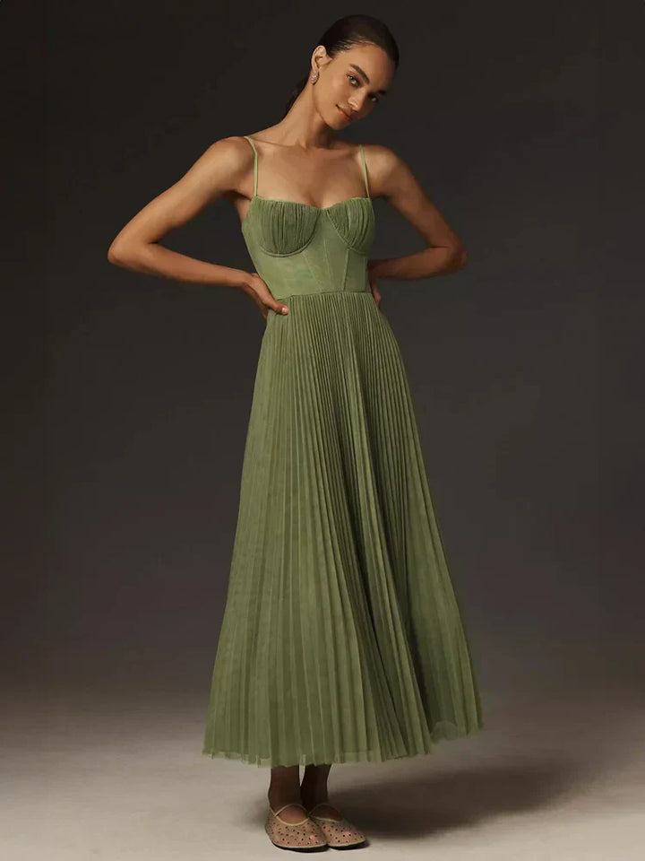 Abito Midi con Corpetto e Gonna in Tulle Pieghettato