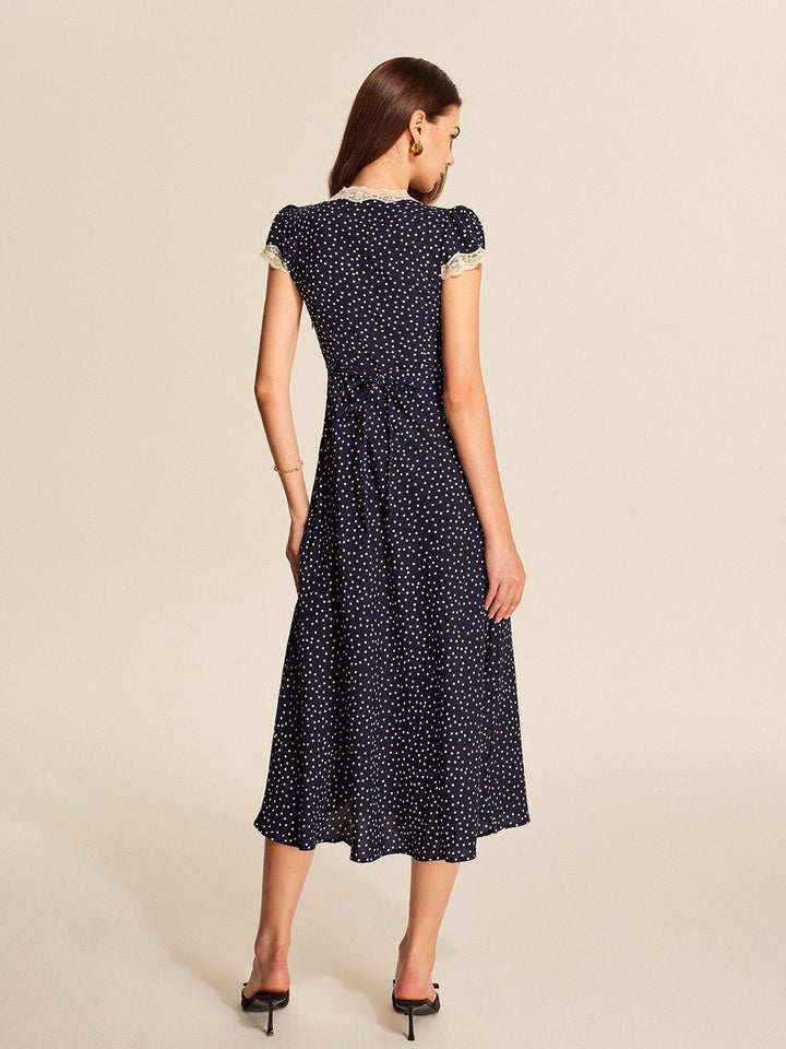 Abito Maxi a Pois con Scollo a V e Bordo in Pizzo