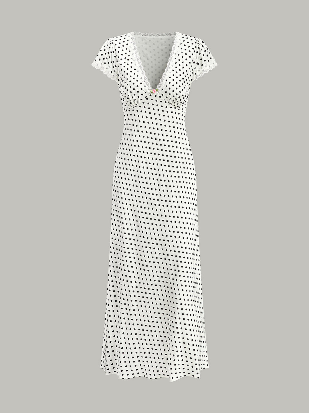 Abito Maxi a Pois con Scollo a V e Bordo in Pizzo