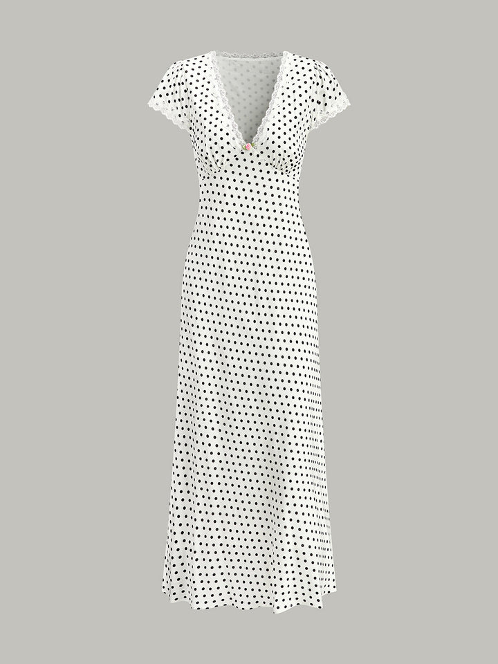 Abito Maxi a Pois con Scollo a V e Bordo in Pizzo