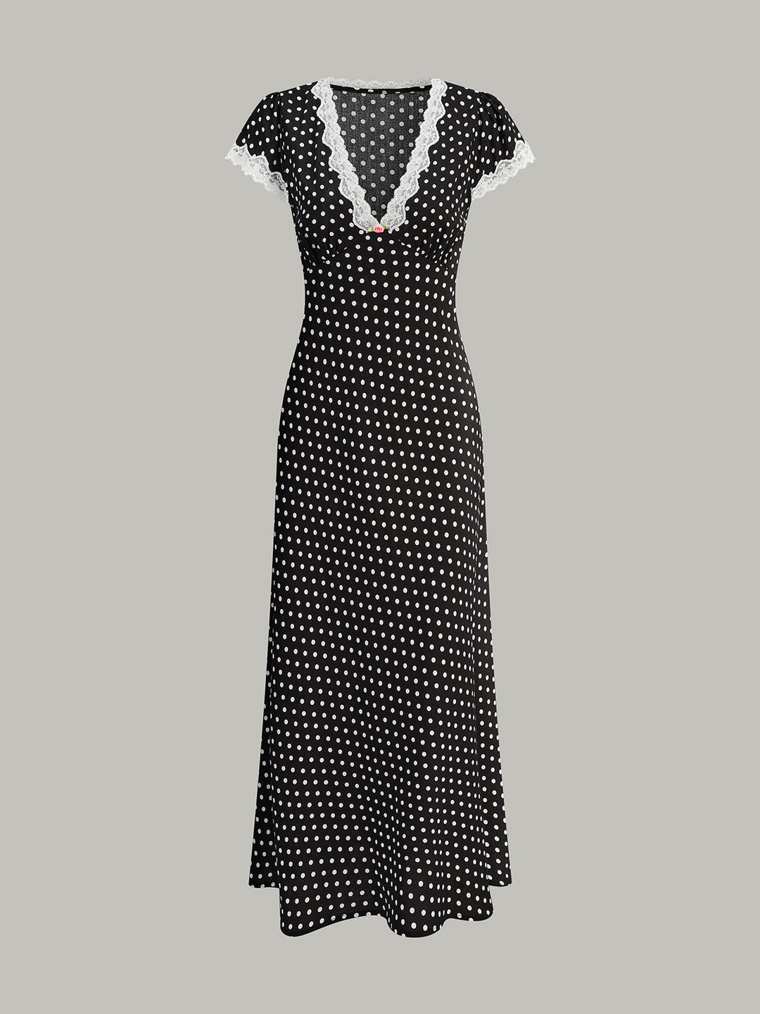 Abito Maxi a Pois con Scollo a V e Bordo in Pizzo