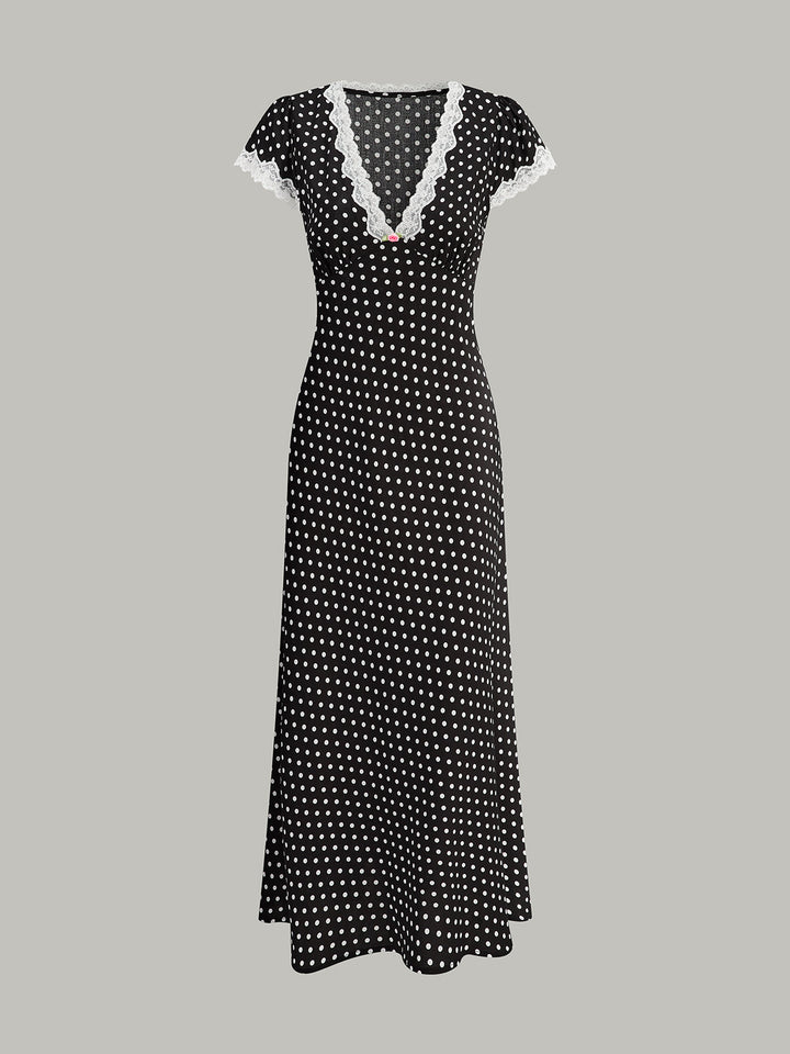Abito Maxi a Pois con Scollo a V e Bordo in Pizzo