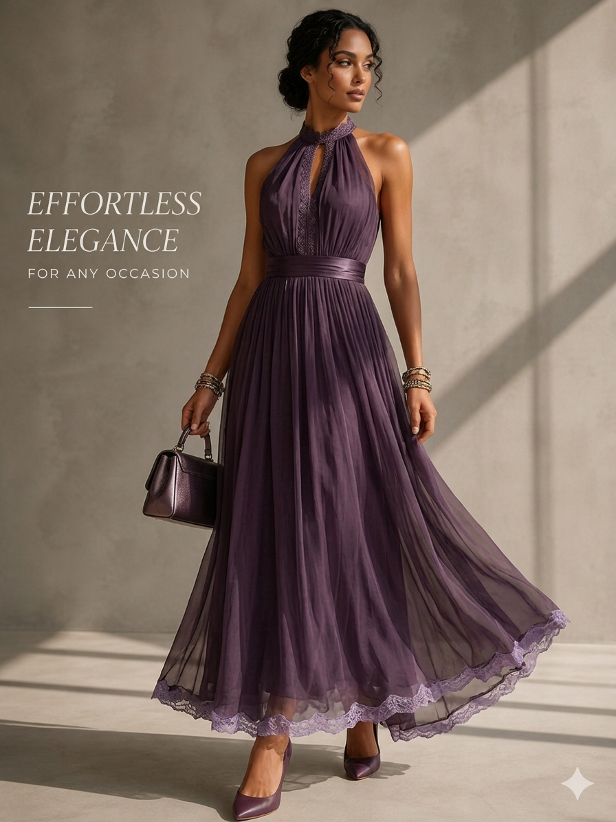 Abito Lungo in Chiffon con Scollo con Gioiello e Bordo in Pizzo