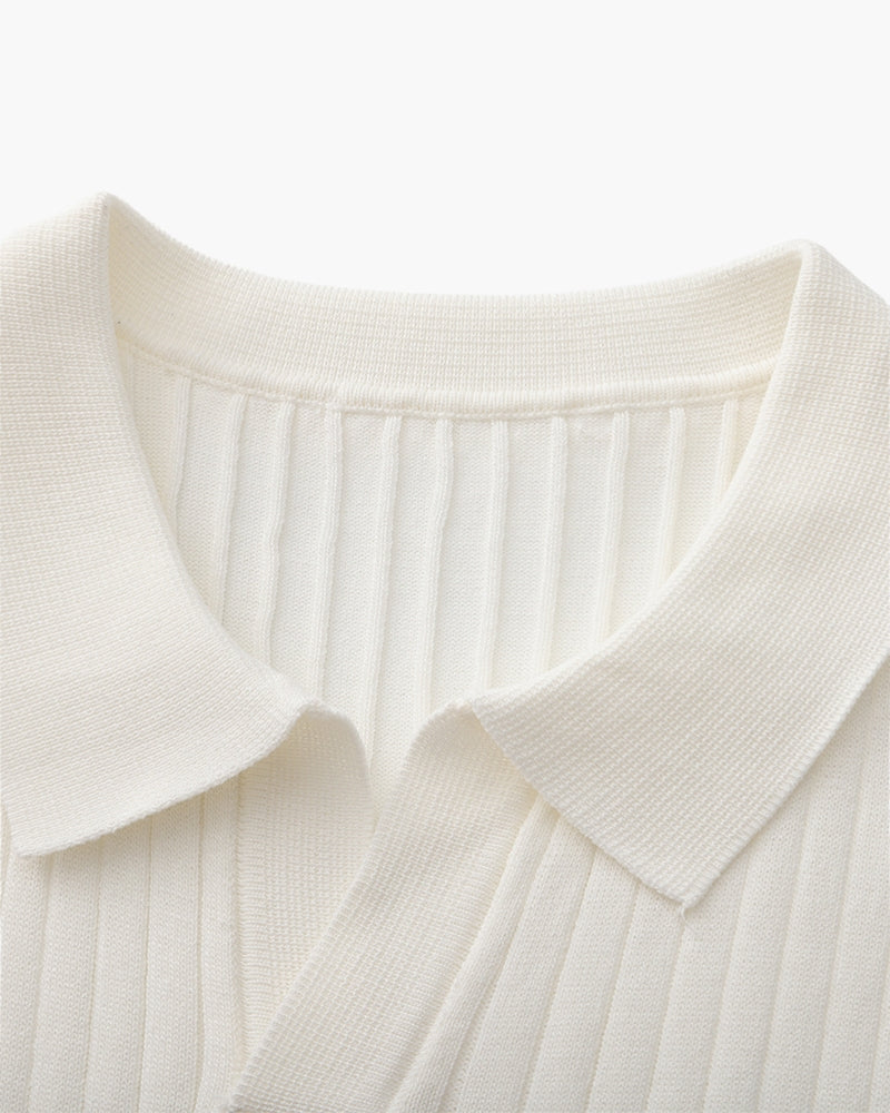 Polo a Maglia a Costine con Scollo Aperto