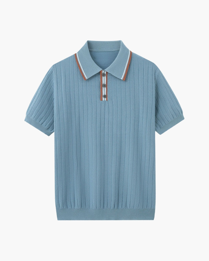 Polo a Maglia con Texture a Spina di Pesce e Dettagli a Contrasto