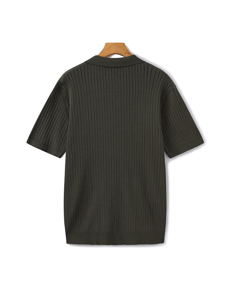 Polo a Maglia a Costine con Scollo Aperto