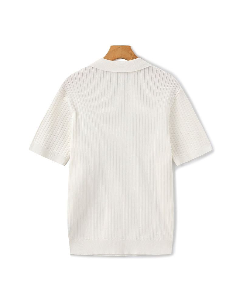 Polo a Maglia a Costine con Scollo Aperto
