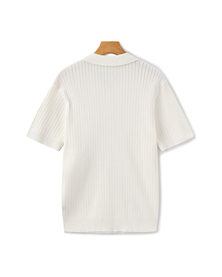 Polo a Maglia a Costine con Scollo Aperto