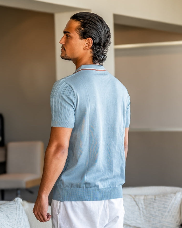 Polo a Maglia con Texture a Spina di Pesce e Dettagli a Contrasto