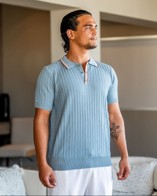 Polo a Maglia con Texture a Spina di Pesce e Dettagli a Contrasto