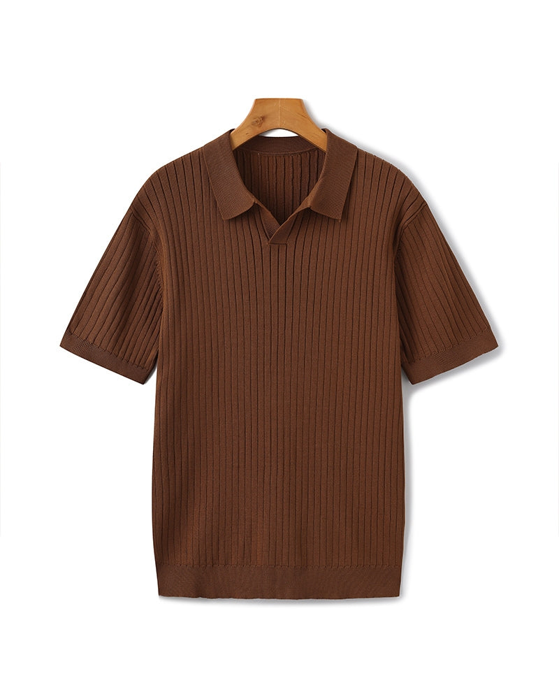 Polo a Maglia a Costine con Scollo Aperto