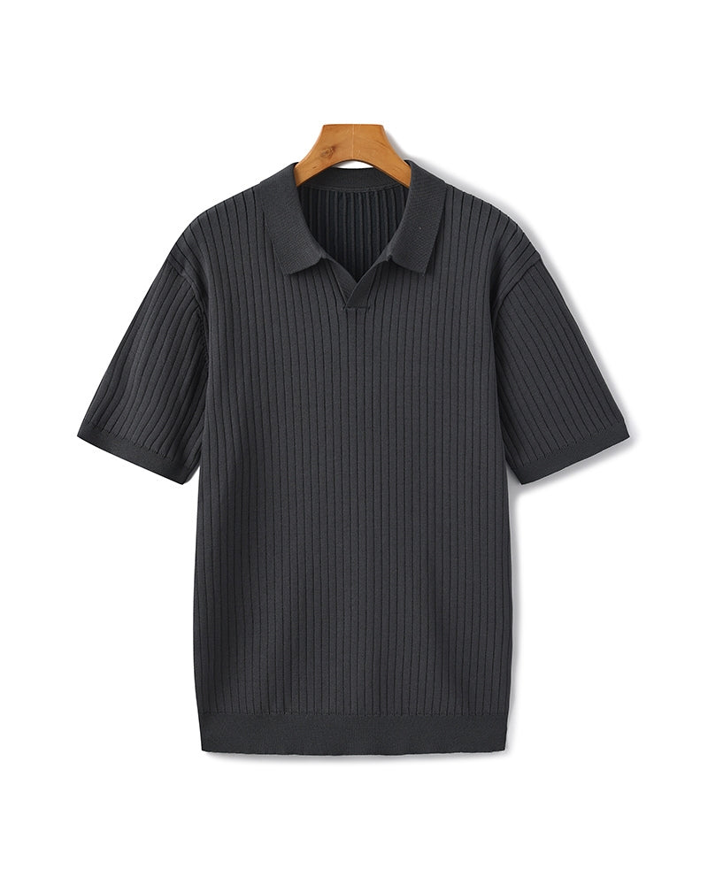 Polo a Maglia a Costine con Scollo Aperto