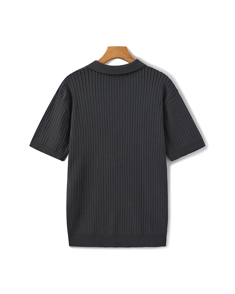 Polo a Maglia a Costine con Scollo Aperto