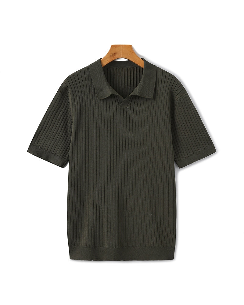 Polo a Maglia a Costine con Scollo Aperto