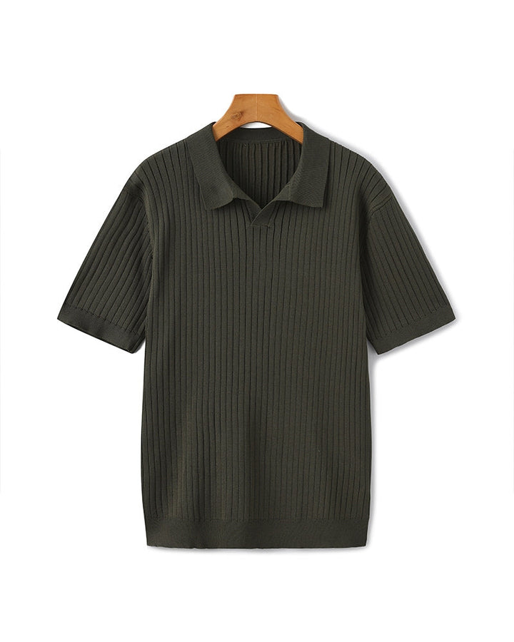 Polo a Maglia a Costine con Scollo Aperto