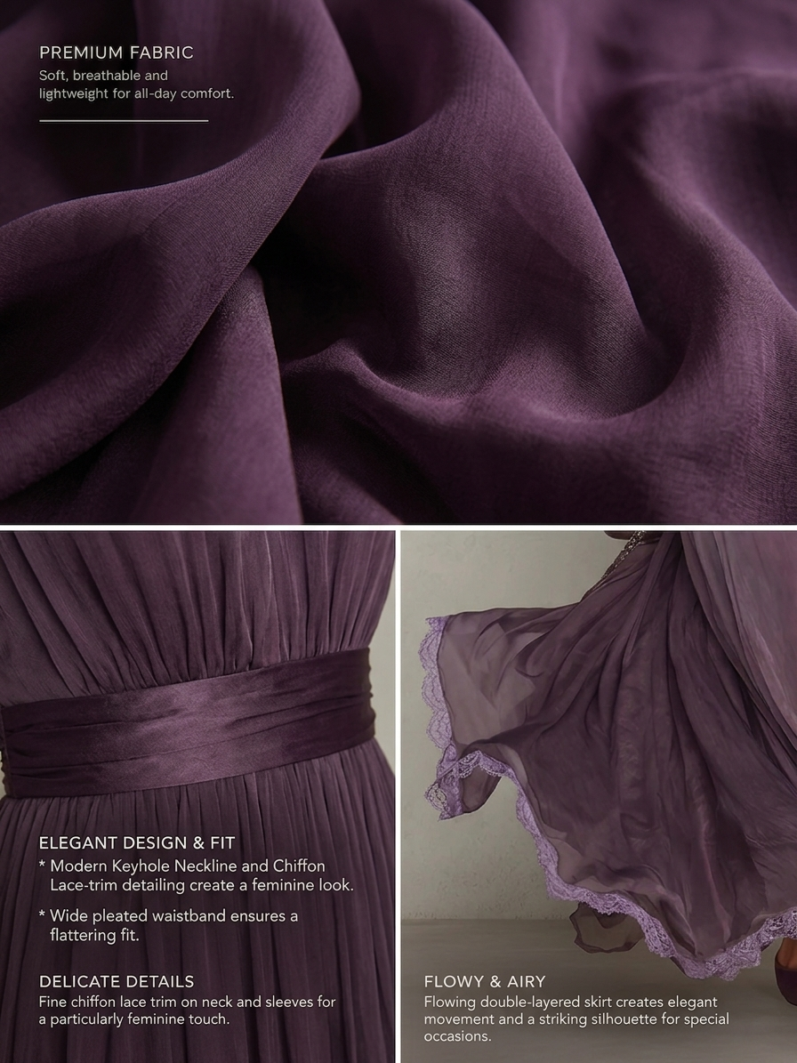 Abito Lungo in Chiffon con Scollo con Gioiello e Bordo in Pizzo