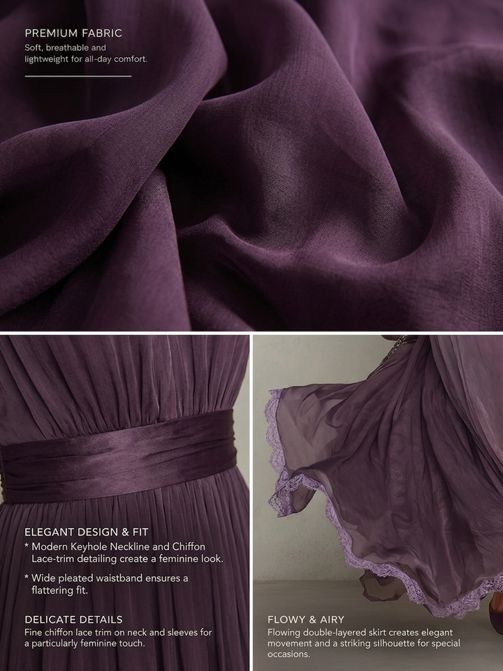 Abito Lungo in Chiffon con Scollo con Gioiello e Bordo in Pizzo