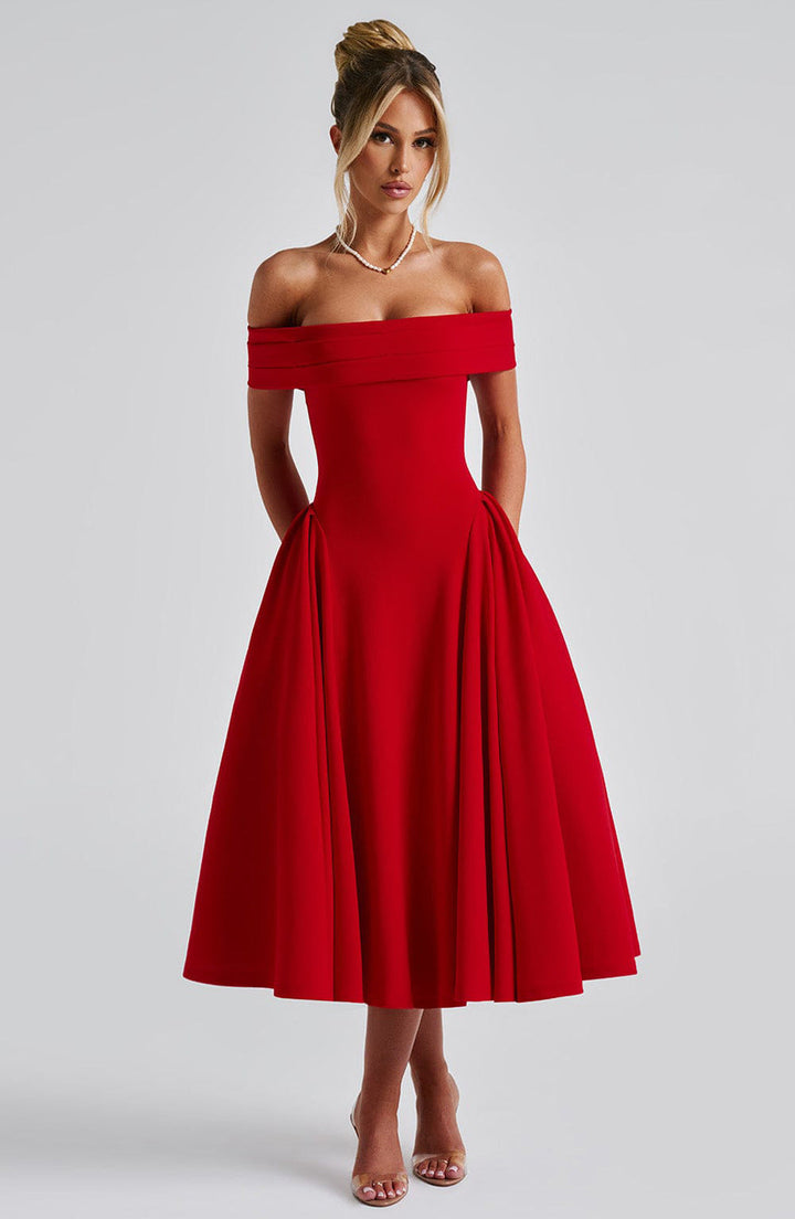 Abito Midi Off-Shoulder con Gonna Svasata