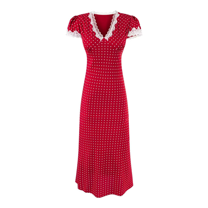 Abito Maxi a Pois con Scollo a V e Bordo in Pizzo