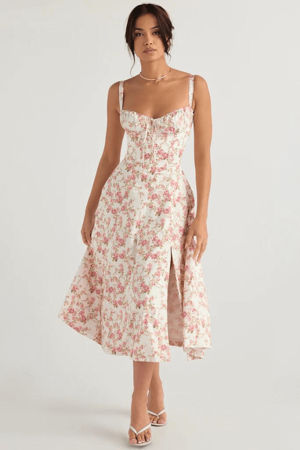 Abito Midi con Bustier e Gonna Svasata a Fantasia Floreale