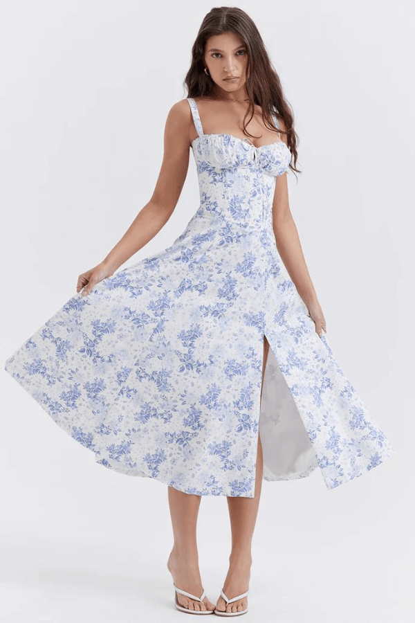 Abito Midi con Bustier e Gonna Svasata a Fantasia Floreale