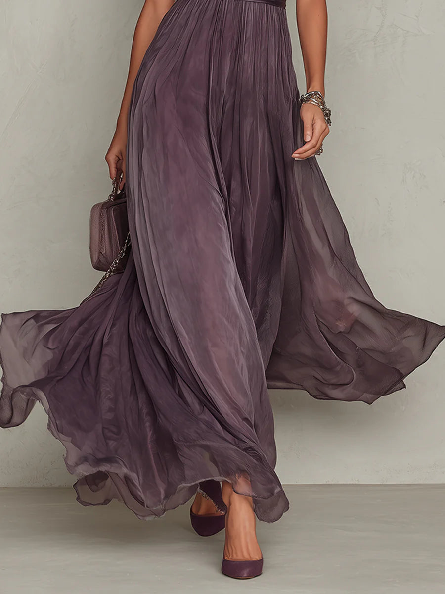 Abito Lungo in Chiffon con Scollo con Gioiello e Bordo in Pizzo