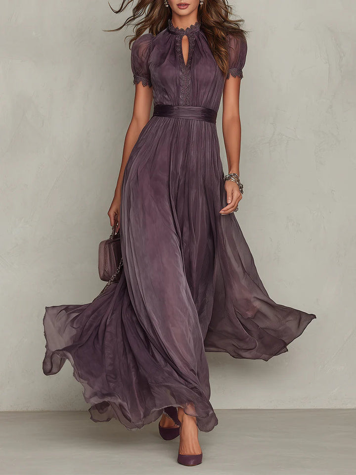 Abito Lungo in Chiffon con Scollo con Gioiello e Bordo in Pizzo