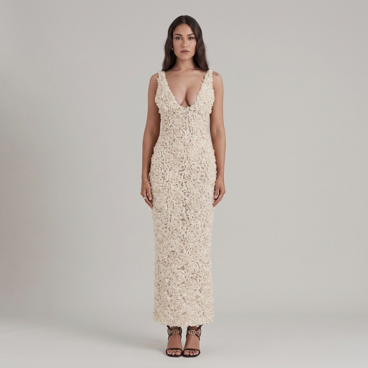 Abito Midi in Pizzo Floreale con Scollo a V