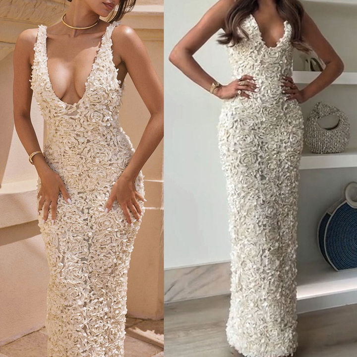 Abito Midi in Pizzo Floreale con Scollo a V
