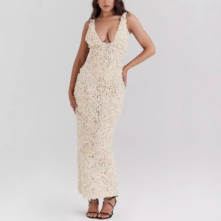 Abito Midi in Pizzo Floreale con Scollo a V