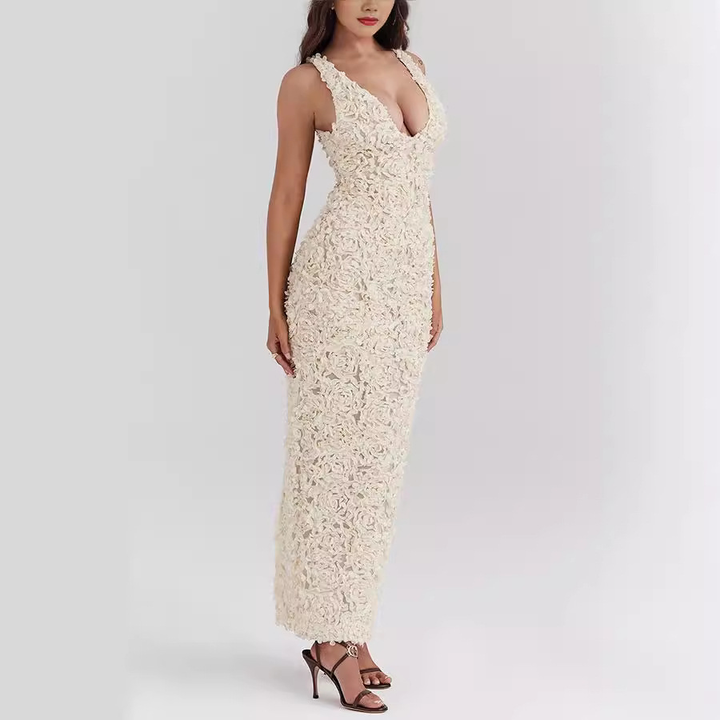 Abito Midi in Pizzo Floreale con Scollo a V