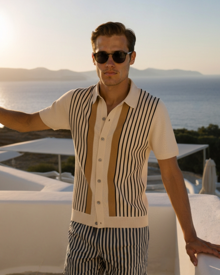 Polo a Maglia con Righe Verticali a Contrasto