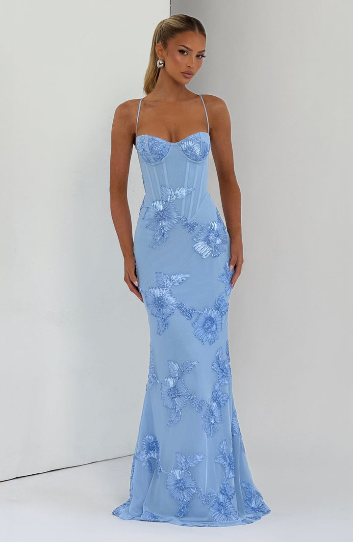 Abito Maxi con Ricami Floreali e Bretelle Sottili