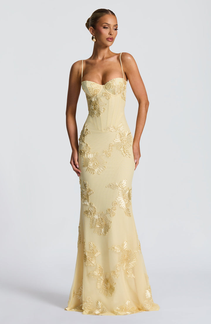 Abito Maxi con Ricami Floreali e Bretelle Sottili